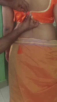 Married Glamour Women Orange Saree Standing Position Romance