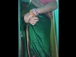 Gauri Sissy: Indian Gay Crossdresser Gaurisissy in Green Saree Pressing Her Big...