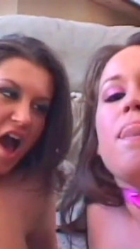 Two beautiful brunettes with big tits fuck in an orgy with two friends