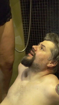 Shorthaired Blonde with Black Lingerie Pisses Guy in Mouth