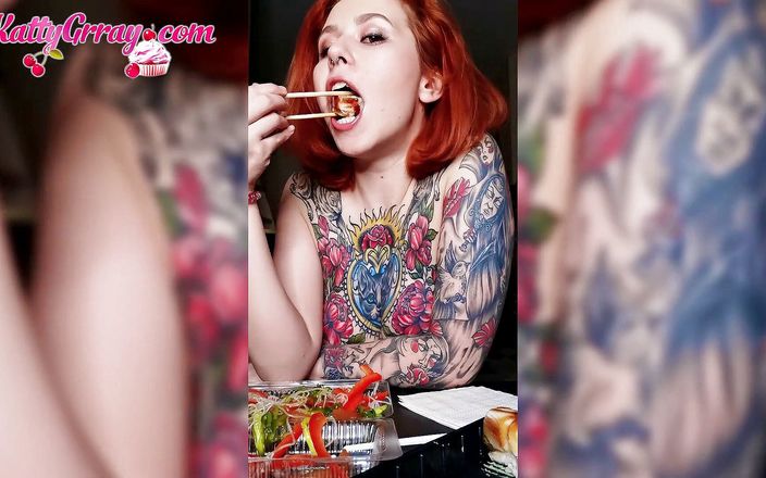 Katty Grray: Charming big boobs babe eats sushi naked - soft erotica