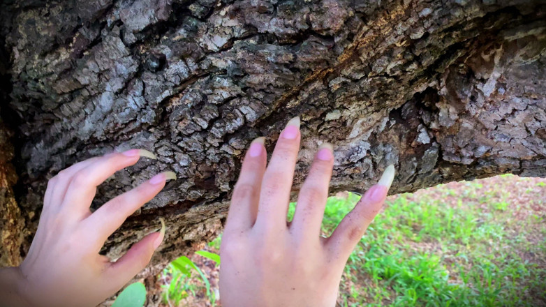 Goddess Li: Uñas largas y naturales rascando un árbol