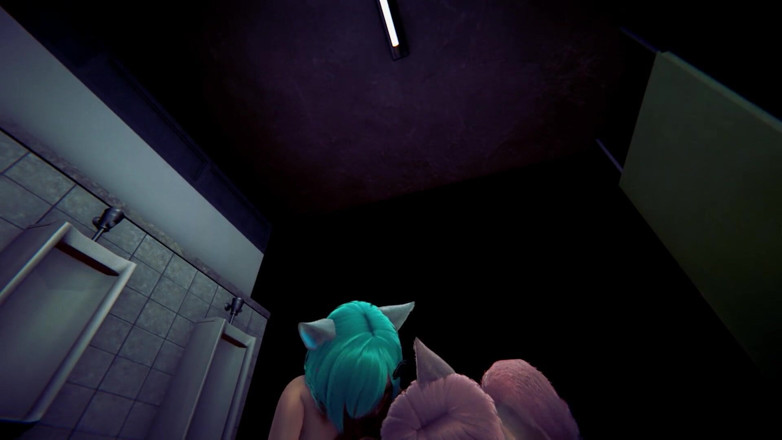 Waifu club 3D: Duas universitárias neko chupam seu pau no banheiro