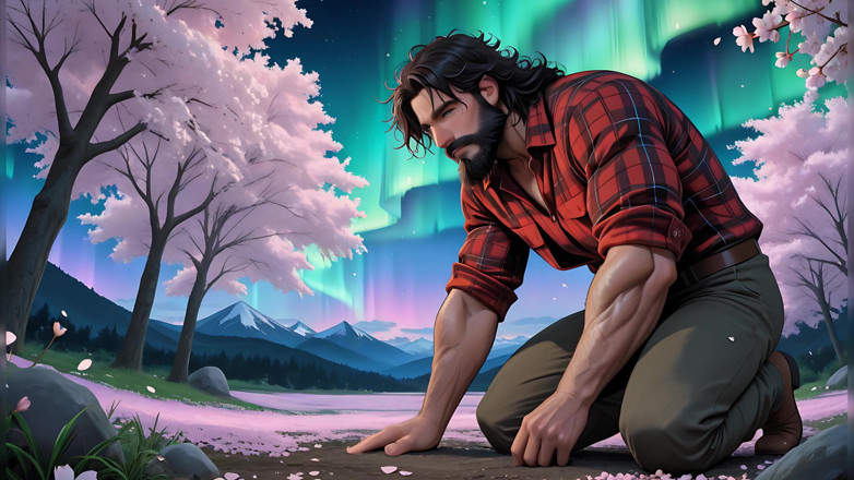 LustMen: Rugged Outdoorsman Kneeling in Zen Garden at Dawn with Cherry...