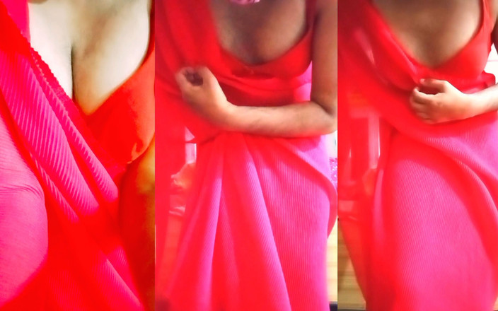 Gaurisissy: India gay crossdresser Gaurisissy presionando sus grandes tetas en sari...