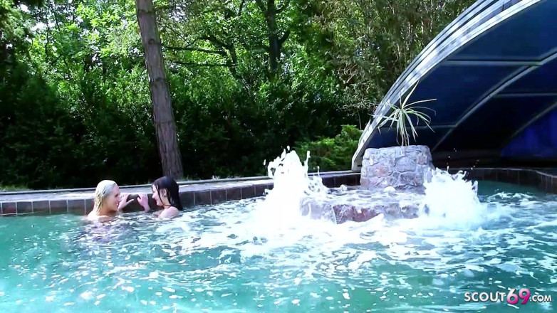 Full porn collection: Two horny lesbians masturbate with toys outdoor by the pool
