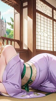 Blonde in Lavender! Kneeling Barefoot Under the Red Torii Gate, Her Andouf Fluttering in the Breeze