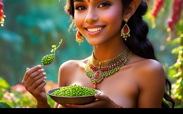 AI Girls: Beautiful Big Breasted Nude Indian Elf Girl with Edamame