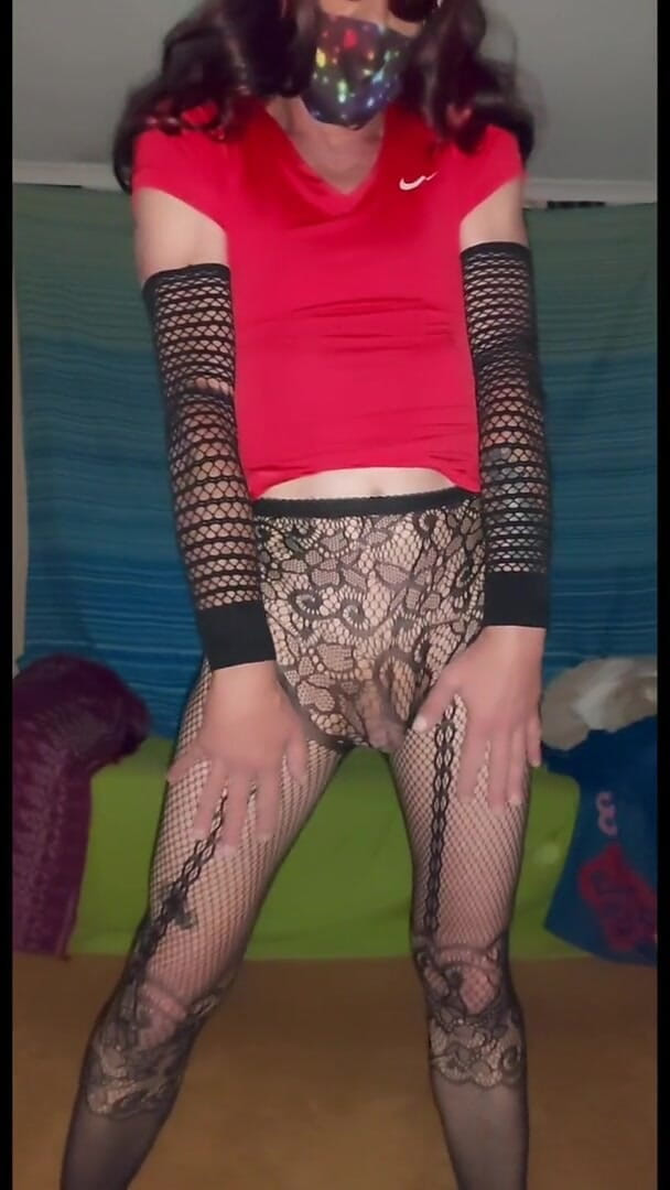 Lizzaali: Scene 1 of red top black fishnet pantyhose and fur coat...