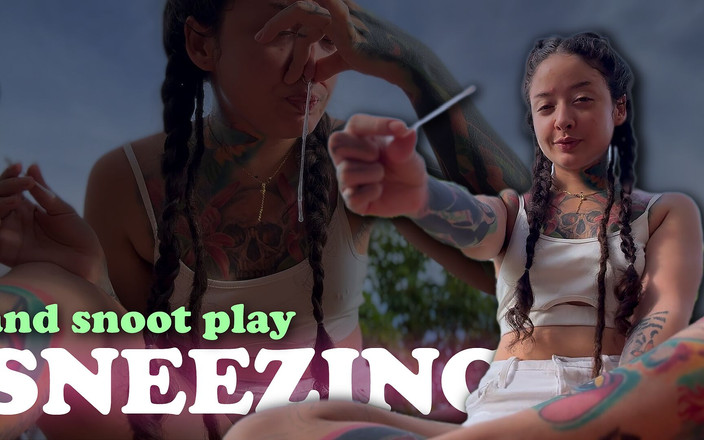 Pedazodchicle: Chica traviesa afuera estornuda y juega con mocos