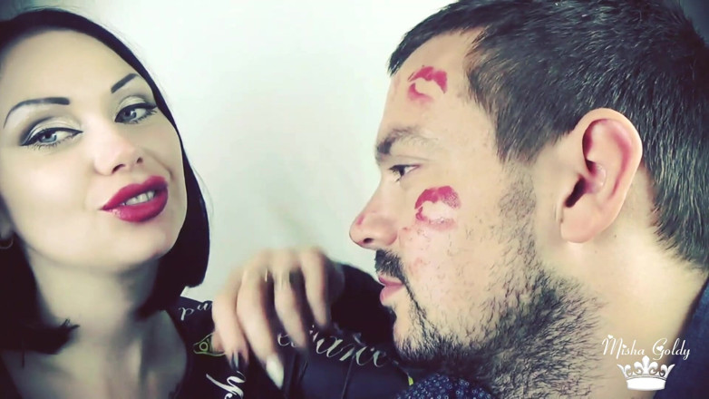 Goddess Misha Goldy: Covering Alex with red shiny lipstick kisses all over his...
