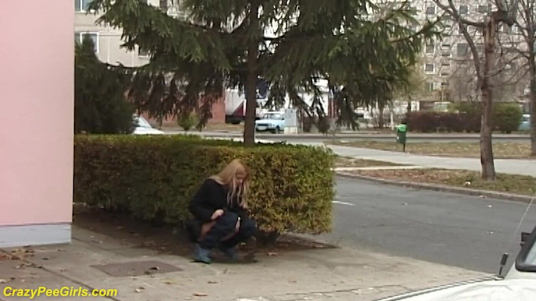 Crazy pee girls: Beauty pissing on street behind bushes