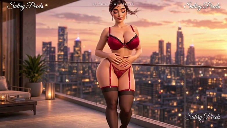 Sultry Pixels 3D: Elegancka brunetka z włosami w paski na tarasie - Sukienka na...