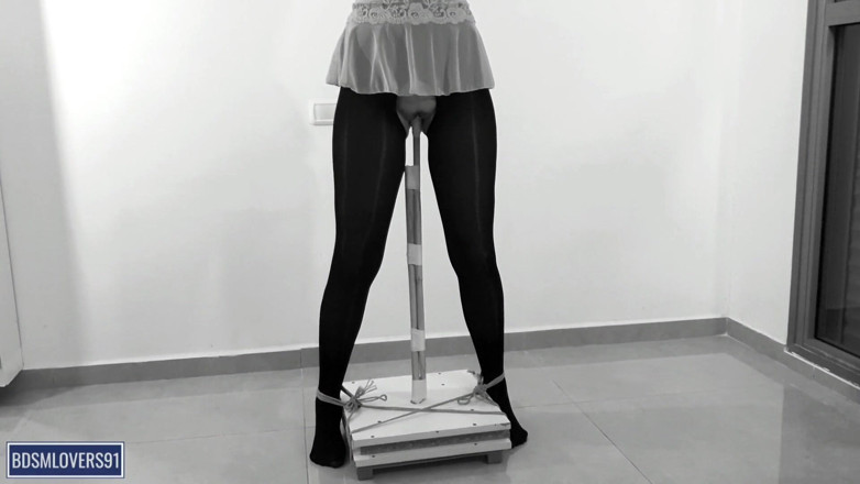 Bdsmlovers91: Shaking Legs in Black Pantyhose Standing Pole Bondage with None...