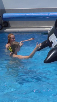 Lesbian Girls Are Having Fun in a Pool with an Inflatable Shark