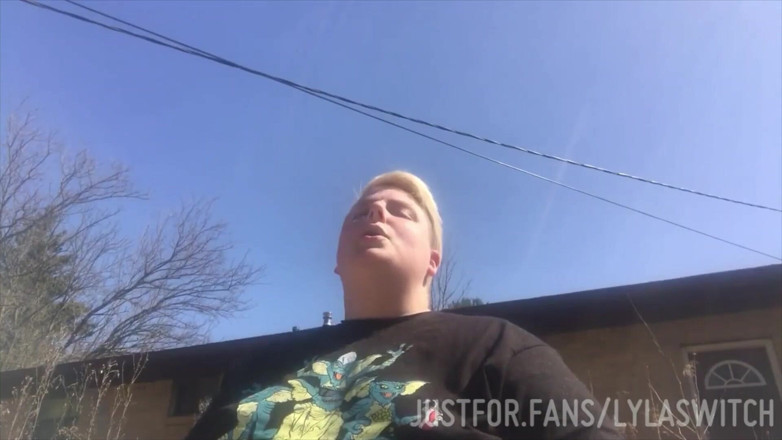 Lyla Switch: Smoking femboy goes topless outdoors