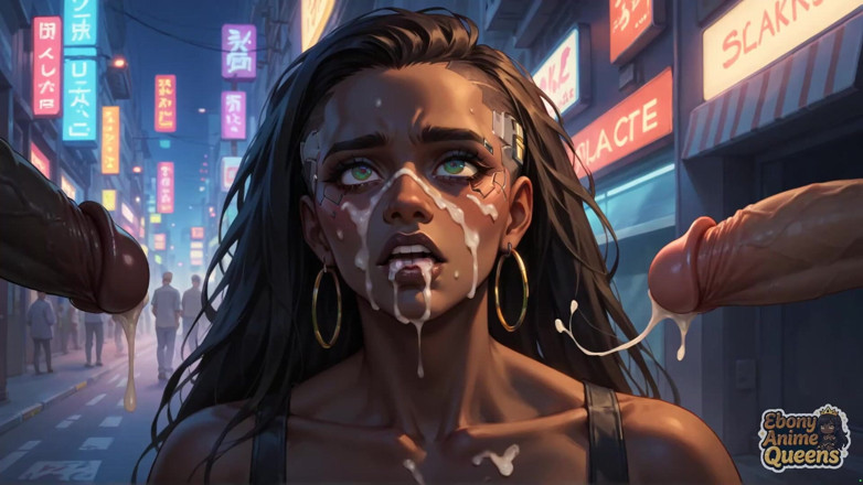 Ebony Anime Queens: Cybernetic Ebony Queen's Milk Gushing Orgasm in Neon City! Warm...