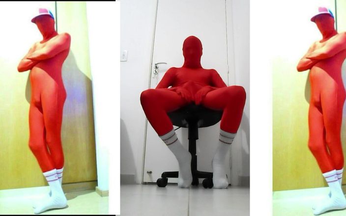 Naru Zentai fetish: Red Zentai on the Chair