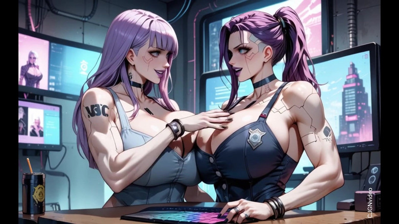 Hot girl dancing: Dvě cyberpunkové ženy se svlékají a líbají (ai Animation)