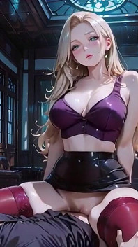 Blonde Bombshell in Purple Lingerie Shiny Black Skirt Red Stockings High Heels