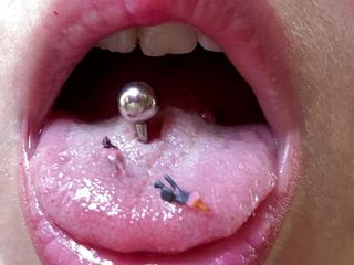 Cute Blonde 666: Mouth fetish giantess with model train people extreme close up