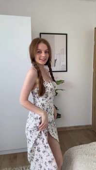 Shy Redhead Girl with Pigtails Stripes so You Can Show off Your Big Tits