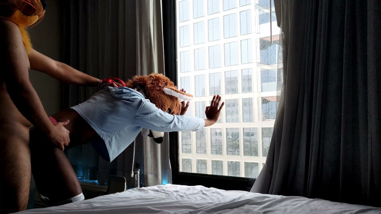 PawgrammerSocks: Bareback - Femboy Furry Fursuit follada en frente de la ventana