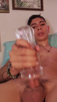 Big Cock Asian Twink Fucking a Transparent Fleshlight and Filling It with a Lot of Cum
