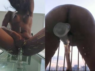 Sexy gaming couple: Outside on balcony double cam squirt show from behind and...