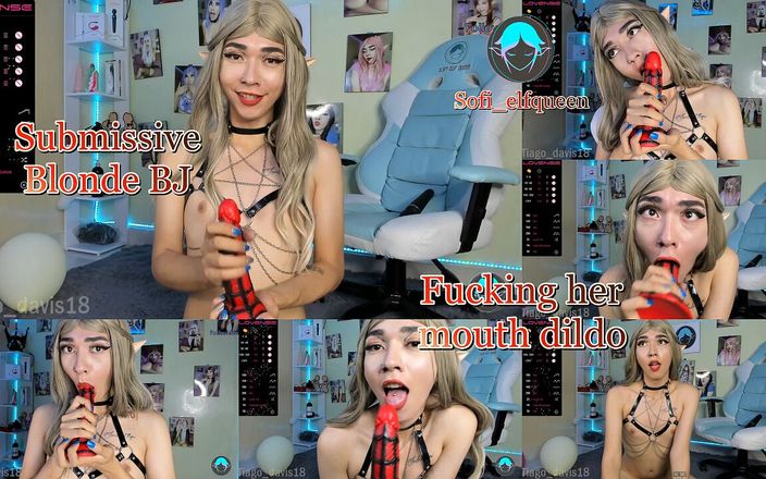 Sofi Elf queen: BJ submissive blonde fucking her mouth with spider dildo