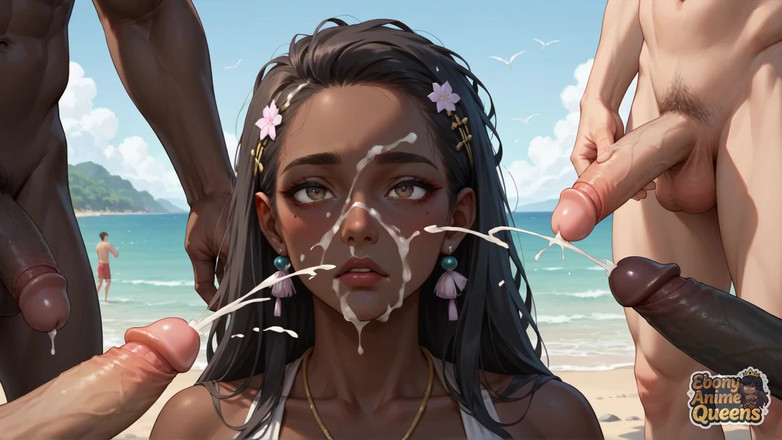 Ebony Anime Queens: Calda donna dalla pelle scura in costume da bagno ripresa...