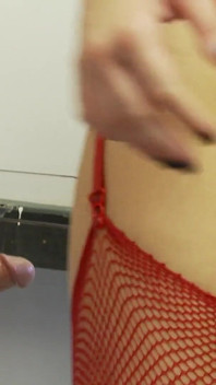 Dirty brunette in fishnets gets banged by a dick through a glory hole after sucking it