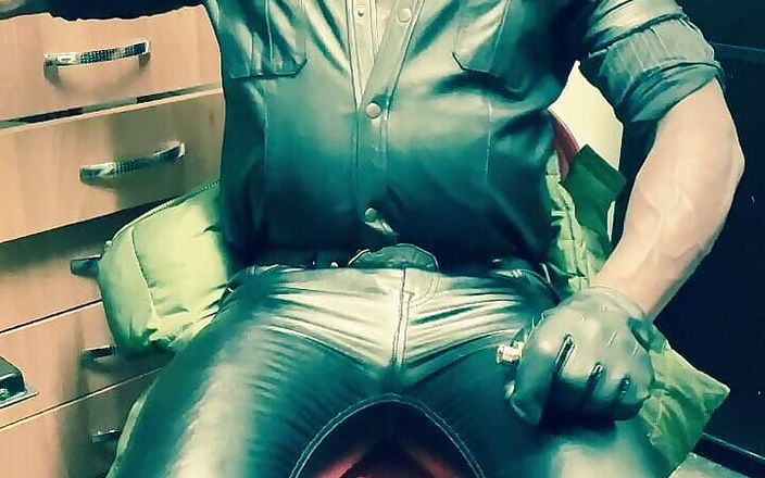 Black smoking muscle stepdad: Smoking Black Leather Man