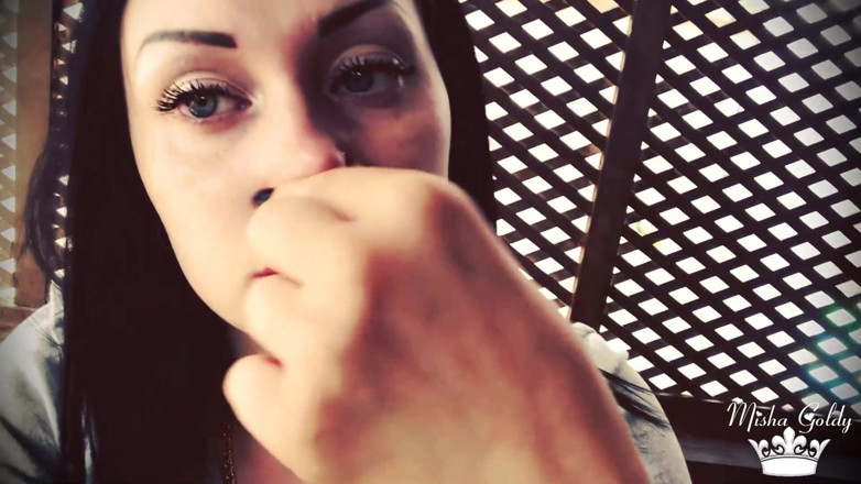 Goddess Misha Goldy: Blowing shisha smoke from itching nose and scratching it all...