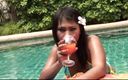 Asian Addiction: By the pool the beautiful Thai Kanda started stroking her...