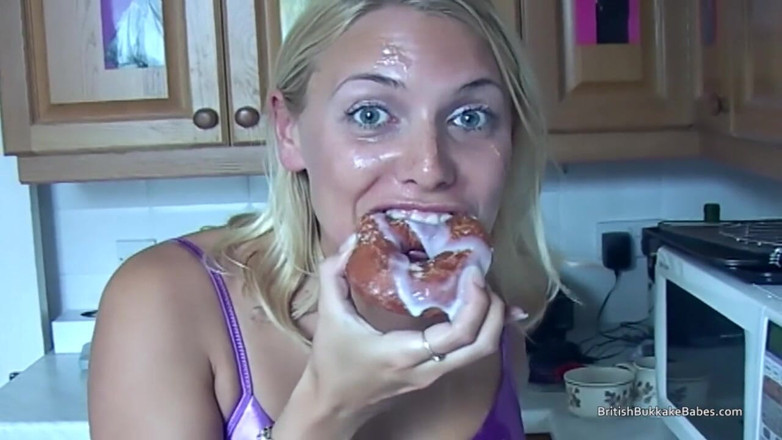 British Bukkake Babes: Blonde Draws Cum Then Eats It off a Donut