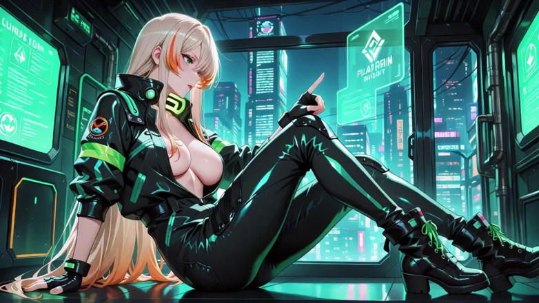 Tay Swift X: Neon Rain Night! Blonde Agent in Wet Leather Crouching Low,...