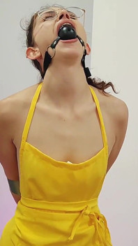 Stunning Brunette Sexy Apron Fetish Ballgagged Tape Bondage