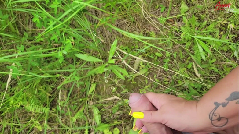 Anna Fire: Stepmom holds stepson's cock while he pees in nature