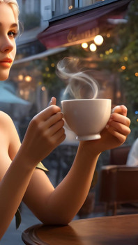 Awek elf bogel yang cantik dengan tetek besar menikmati secawan kopi