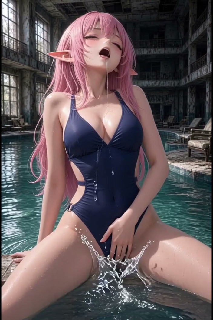 Wertstofsamler: 3D Anime Pink Haarige in Badeanzug Masturbiert Im Und Am...