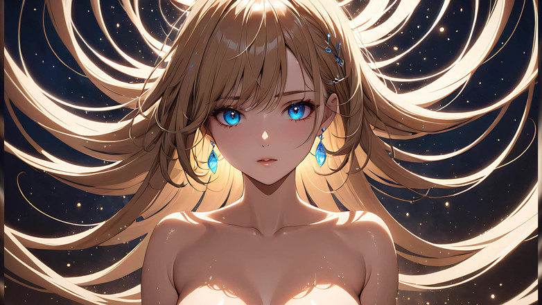 LustRender: 光の渦:美しい若い女性が髪をかき上げる