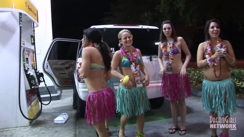 Dream Girls: Party girls dressed for Luau get naked in limo