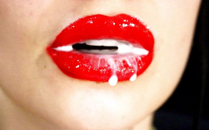 Goddess Misha Goldy: Red lips and a games with liquids and saliva! Milk...