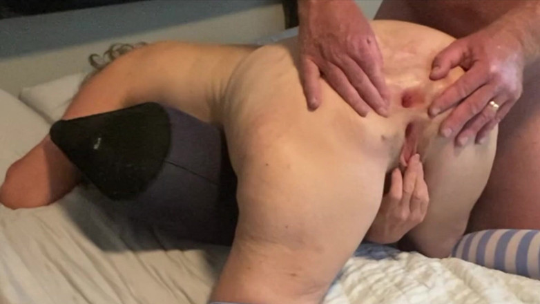 Squirting Senior: Big Ass Mature Wife Bent Over Inflatable Butt Plug Inserted
