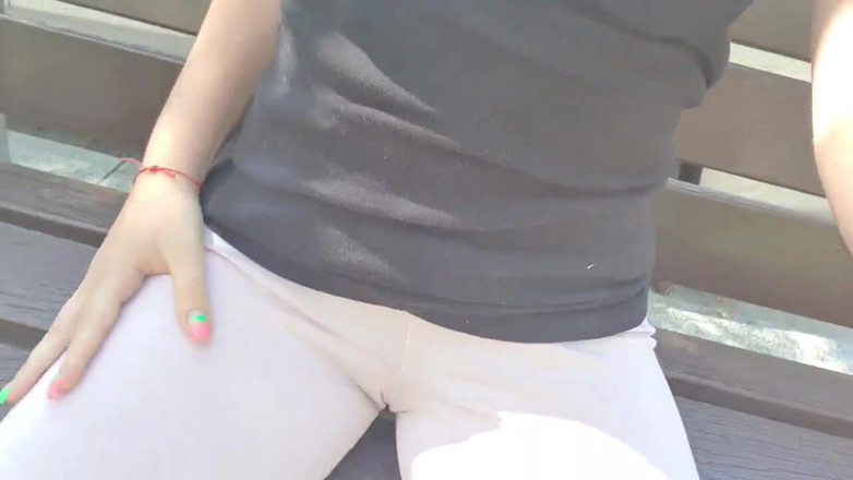 TheloveStory: Relaxing outside alone in leggings with hot cameltoe