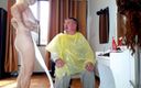 Regina Noir: Nudist barbershop. Nude lady hairdresser in an apron. The client...