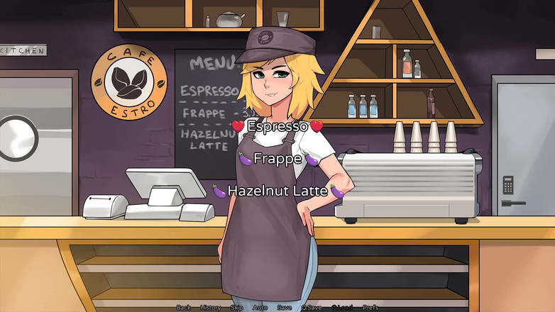 Futavision: ヘーゼルナッツラテ:スラッティ・フタバリスタがトイレでフェラチオをし、口内での大きな精液爆発で終わる - 第1話