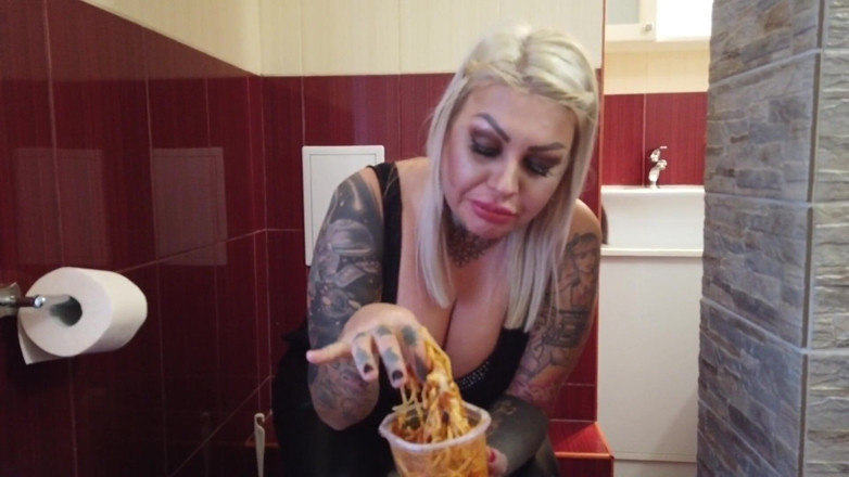 Fetish videos by Alex: Blonde Tattooed MILF Eats Spaghetti on the Toilet