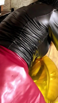 Shiny Inflatable Balloon Fetish. Leather Smoking, Spitting and Double Cum Licking